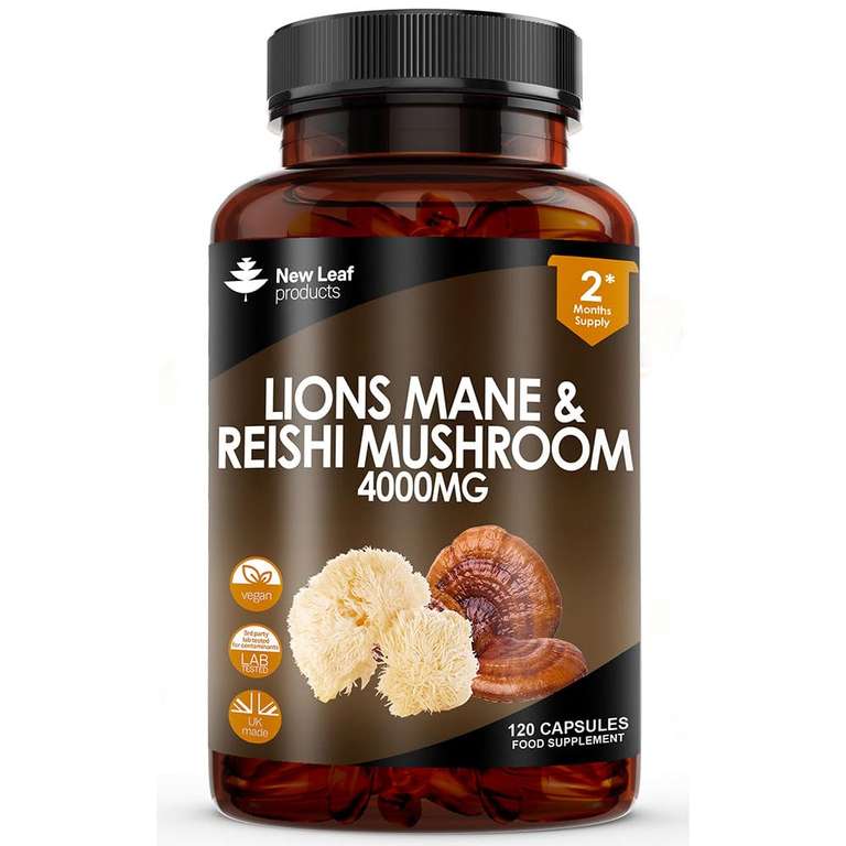 Lions Mane Capsules 4000mg + Reishi Mushroom - 120 Vegan Lion Mane Capsules Sold by New Leaf Products FBA