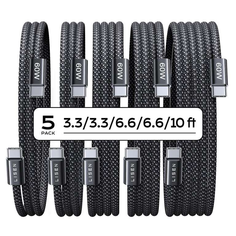 LISEN 5 Pack USB-C 60W Cables [3.3/3.3/6.6/6.6/10FT] With Code - £7.34 No Rush Delivery B King FBA