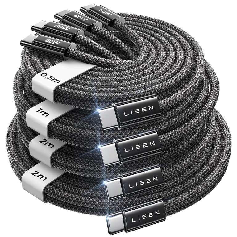 LISEN 60W USB C to C Fast Charging Cables - 4-Pack [0.5/1/2/2M] - Sold by B King / FBA