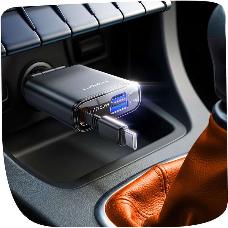 LISEN Compact 3 in 1 Retractable Car Phone Charger USB C Fast Charge 57W Cigarette Lighter USB Charger 80cm Type-C Cable W.Code B King FBA