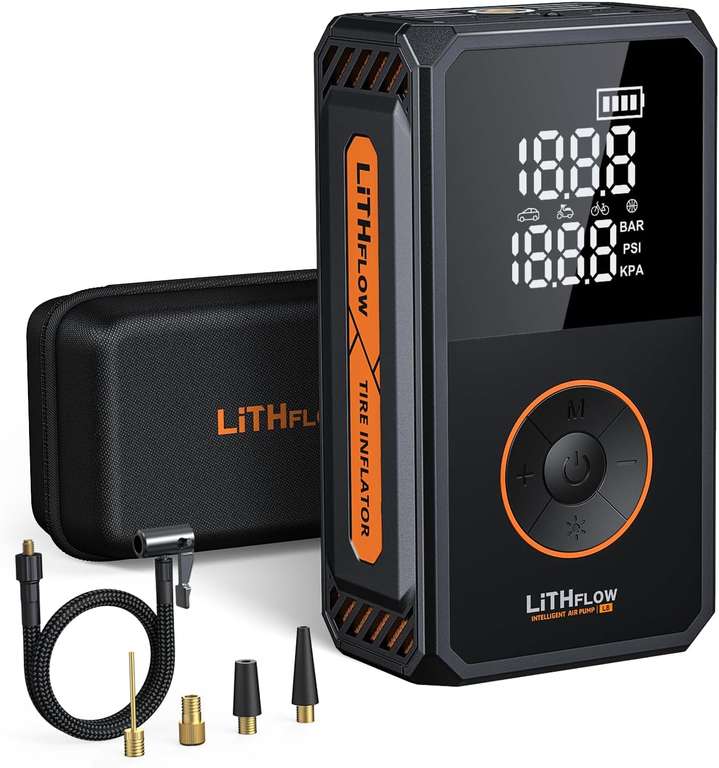 LiTHFLOW Cordless Tyre Inflator, 150PSI, 5200mAh Battery, Auto Stop with Prime - Sold by LithFlow FBA