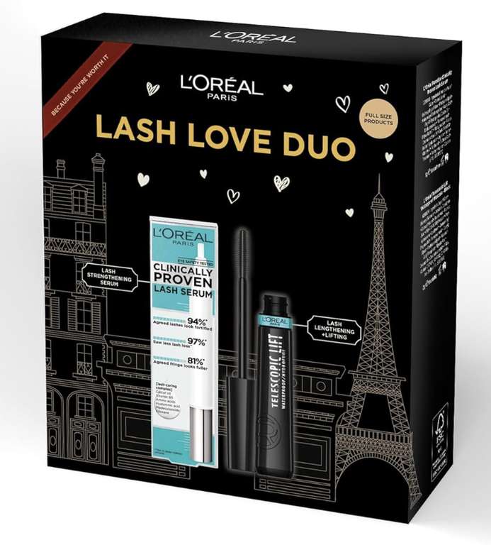 L'Oréal Paris Lash Love Duo Gift Set Clinically Proven Lash Serum Infused With Hyaluronic Acid & Telescopic Lift Mascara For Up To +5MM