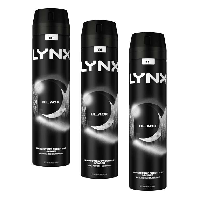 100° - Lynx XXL Black 48 hours of odour-busting zinc tech Aerosol Bodyspray deodorant 250 ml (Pack of 3)