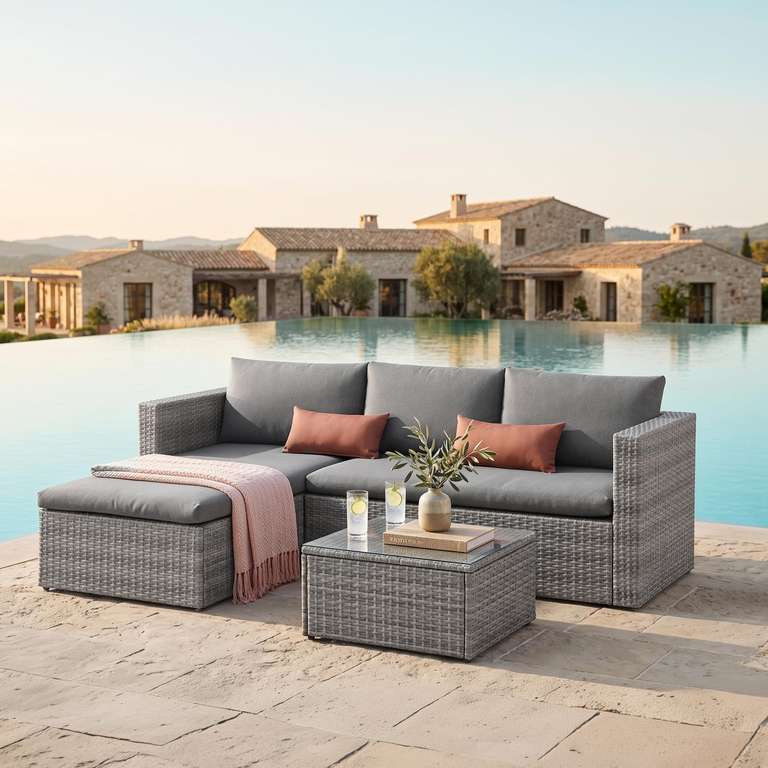 Malibu Rattan Garden Furniture Set - 3 Seater Lounge Sofa 1 Footstool, Glass Top Coffee Table, Grey. Sold & dispatched by Evre24