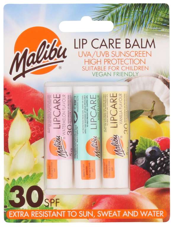 Malibu Sun SPF 30 Lip Balm Sunscreen, Watermelon, Mint and Vanilla, 3 x 5g