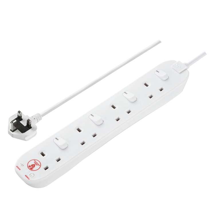 Masterplug Four Socket Extension Lead, 2 Metre Cable, Surge Protection
