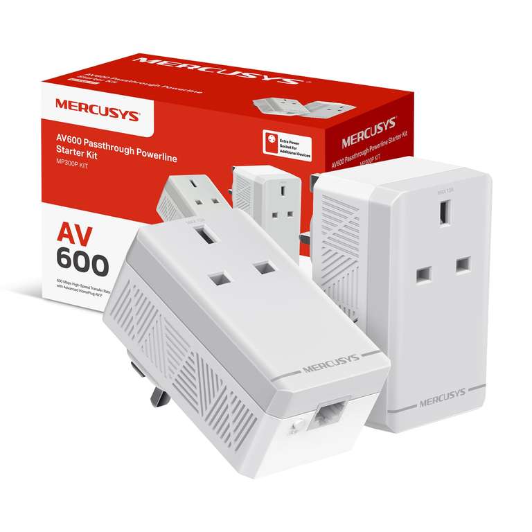Mercursys MP300P KIT AV600 Powerline Adapter Starter KIT with Extra Power Scoket,TP-Link Power Saving with Ethernet Port