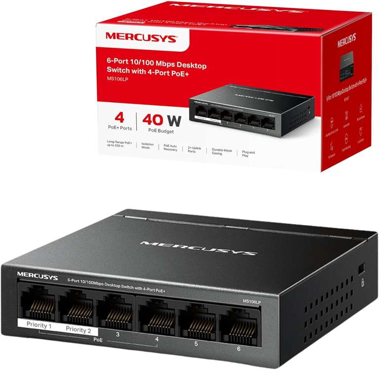 Mercusys MS106LP 6-Port 10/100Mbps Network Switch with 4-Port PoE+, 30W | Metal Case / 5-Port GB POE+ - £18.99