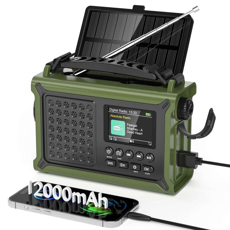 Mesqool DAB+ Wind Up Radio, 12000mAh Rechargeable Battery, Solar & Hand Crank Charging Green/Black/Yellow - by Novalink Technology / FBA
