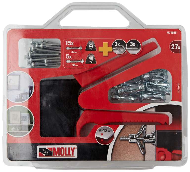 Molly Set of 20 Fixing Dowels (for Plasterboard walls) - 10 Dowels 4 x 33 mm & 5 x 36 mm + Installation Pliers