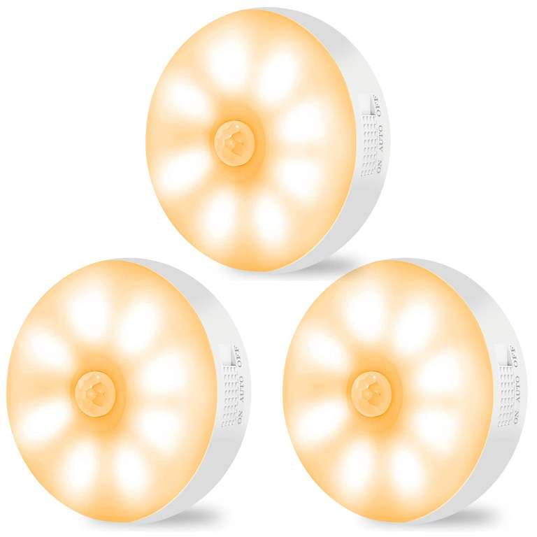 KOOSREEL Motion Sensor Rechargeable Wireless LED Night Lights, with Auto/On/Off (6000K, 3 Pack)
