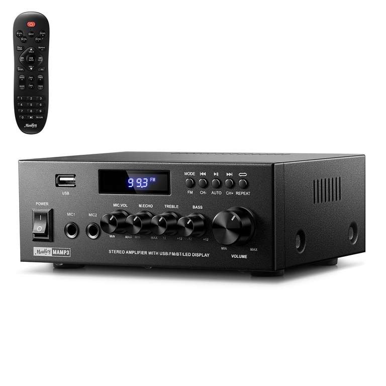 Moukey Power Audio Amplifier, 2.0 Channel Stereo Receivers with Bluetooth 5.3, Full Function Remote, FM, RCA, USB, 2 Mic In, 300W Peak