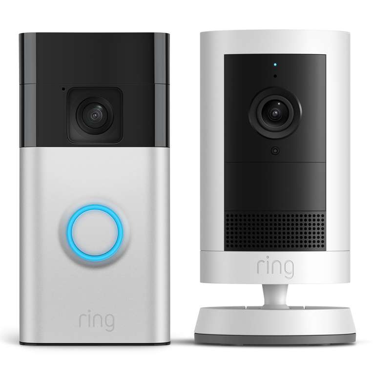New Ring Outdoor Camera Plus (Battery, White) + Ring Battery Video Doorbell (Satin Nickle)
