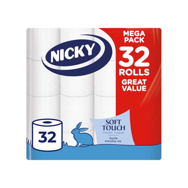 Nicky Soft Touch Toilet Tissue - 32 Rolls of Extra Gentle White Toilet Paper, 190 Sheets per Roll, 2-ply | (£6.29 / £5.94 on S&S)