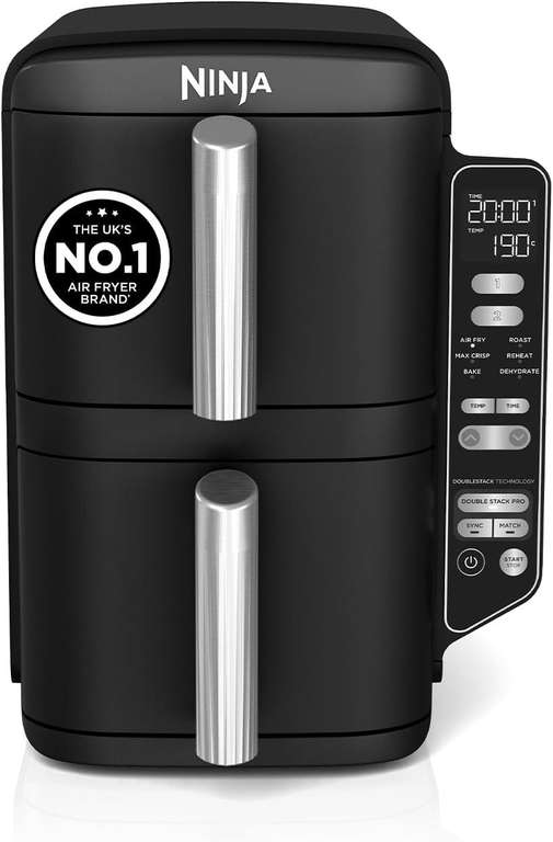 Ninja Double Stack Air Fryer, Vertical Dual Drawer Air Fryer with 4 cooking levels, 2 Drawers and 2 Racks, 7.6L w.voucher
