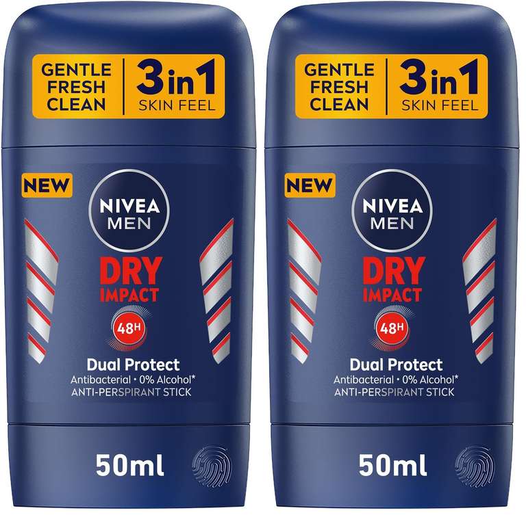 NIVEA MEN Dry Impact Anti-Perspirant Deodorant Stick for Men (50ml) with 48h Protection - Daily Use (Pack of 2)
