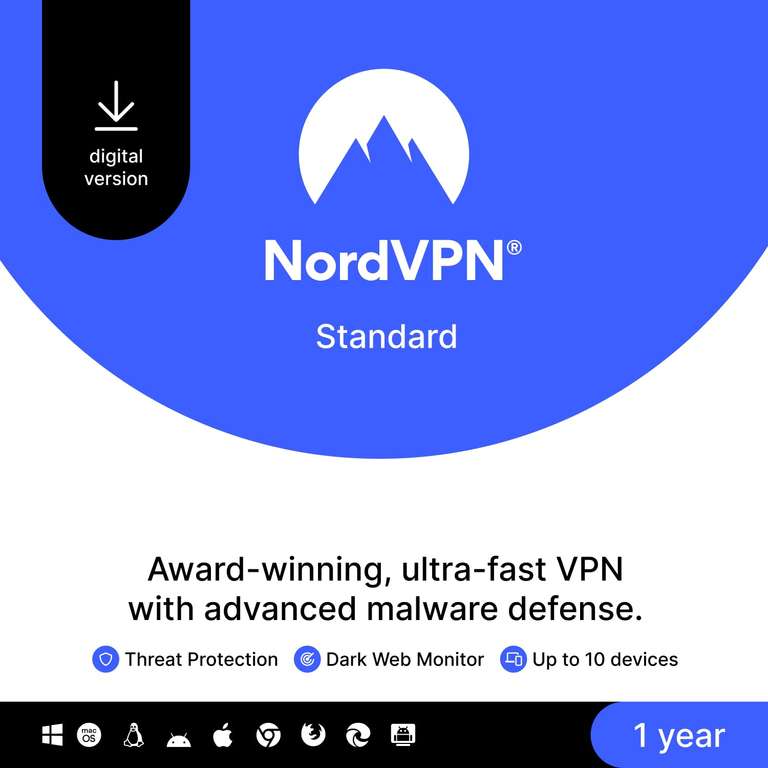 NordVPN Standard, 10 Devices, 1-Year, VPN & Cybersecurity, Digital Code - Sold by Amazon Media EU S.à r.l.