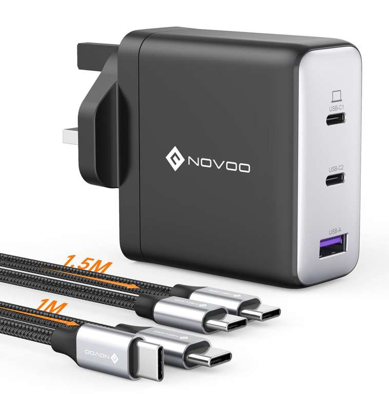 NOVOO USB C Charger, MacBook Pro/Air Charger, 3-Port 120W GaN Fast Charger, PD3.0, PPS + 2 x Cables Mbest EU FBA