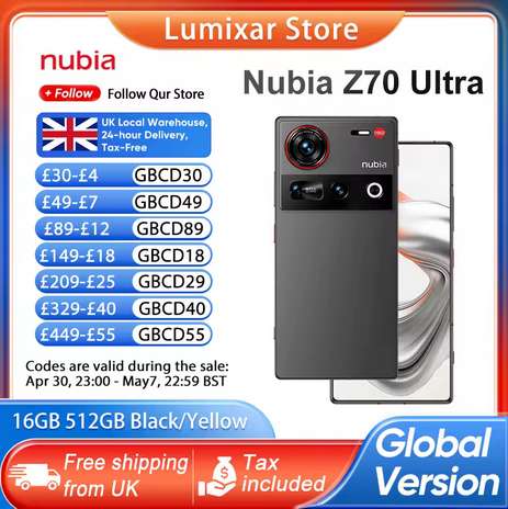 Nubia Z70 Ultra Smartphone ( Global / 16GB / 512GB / Snapdragon 8 Elite Gen4 ) w/code + PayPal + 2% cashback@Lumixar Store(UK Despatch)