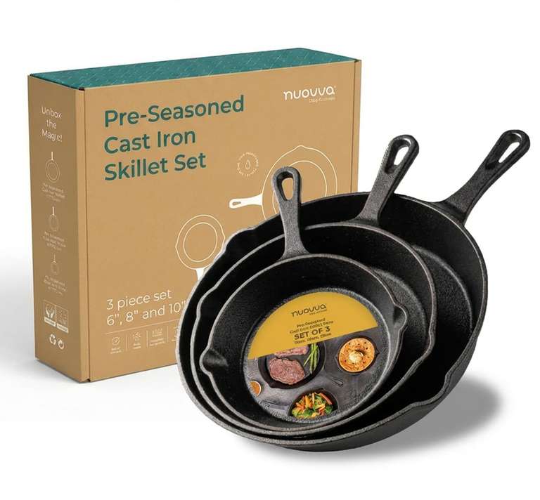 nuovva Pre-Seasoned Cast Iron Skillet Frying Pans Oven Safe Cookware - Grill, StoveTop, PFOA & PTFE Free. Sold by MALMO FBA