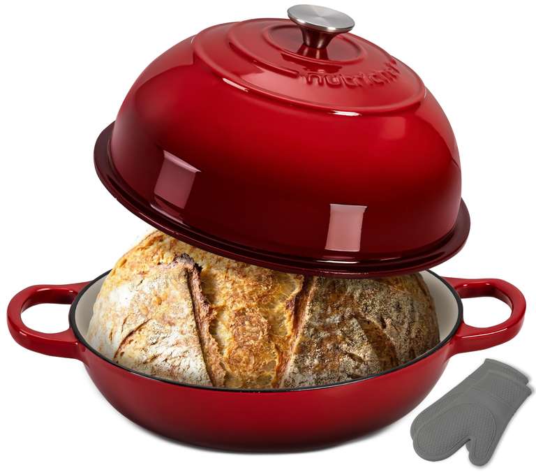 NutriChef Dutch Oven for Sourdough Bread 26 cm Enamelled, Includes Silicone Oven Gloves