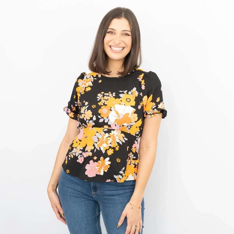 Oasis Women's Blouse Floral Black Orange Puff Sleeve Top Lightweight Frill - Size 6 - 16 - Sold by Quality Brands Outlet