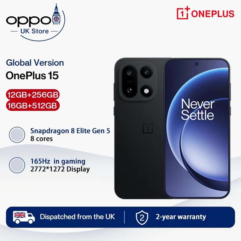 OnePlus 15 5G 12+256GB Snapdragon 8 Elite Gen 5 w/code and PP (£14.03 credit possible) @ OPPO UK Store [UK stock]