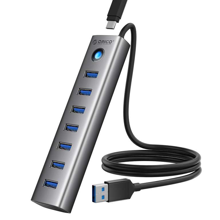ORICO 7-Port USB 3.0 Hub, Aluminium Multiport Adapter with 100 cm Cable, 5Gbps - Discount at checkout - Sold by ORICO Official store / FBA