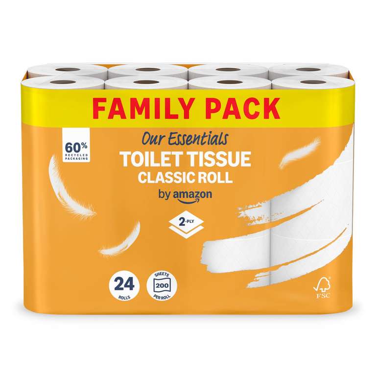 Our Essentials by Amazon Toilet Tissue Classic Roll, 2-ply, 1 Pack of 24 Rolls £4.91 - 3 Pack of 24 Rolls £14.73