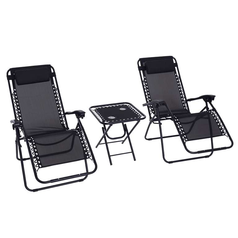 Outsunny 3PC Zero Gravity Chairs Sun Lounger Table Set w/ Cup Holders, Black w/ code