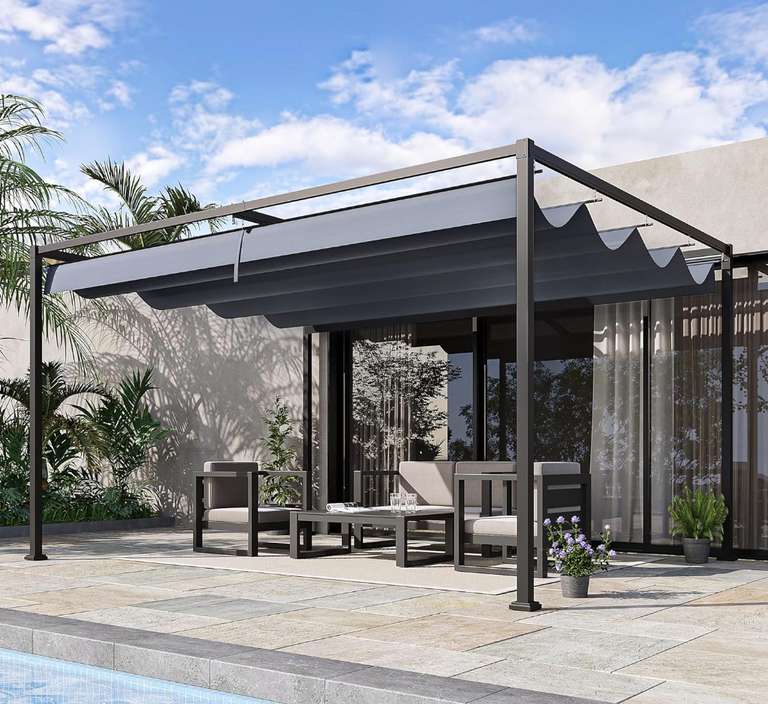 Outsunny 4x3(m) Metal Pergola Gazebo Patio Sunshelter Retractable Canopy Khaki w/ code - Outsunny (UK Mainland)