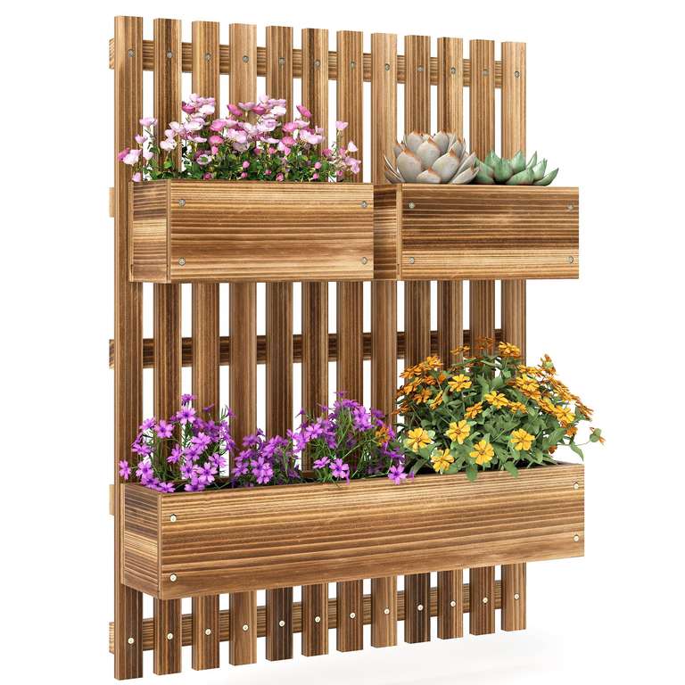 Outsunny Wall-mounted Wooden Garden Planters with Trellis, Drainage Holes and 3 Movable Planter Boxes with Liners