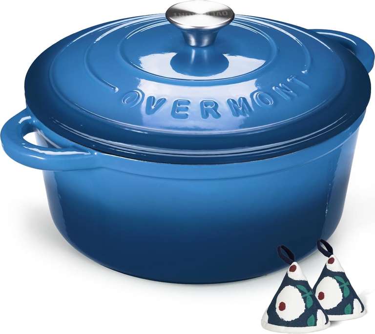 Overmont 26cm/5.2L Enamelled Cast Iron Round Casserole Dish with Lid,5.5QT, Cookbook -Non-Stick Dutch Oven for Braising - blue