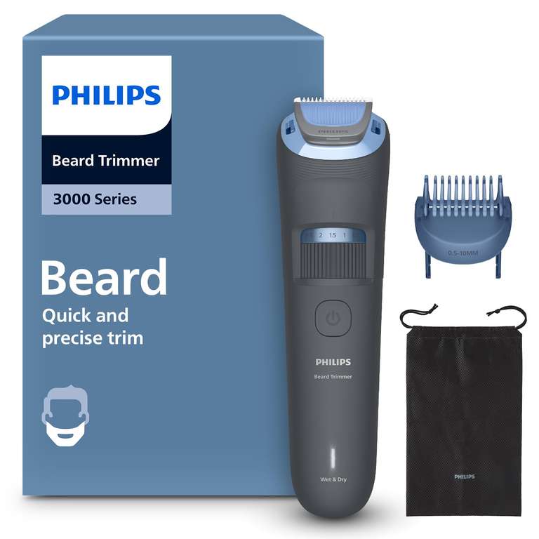 Philips Beard Trimmer 3000 Series - Self-Sharpening Blades with Round Tips, 20 Lock-in Settings, Lift&Trim Comb, 100% Waterproof