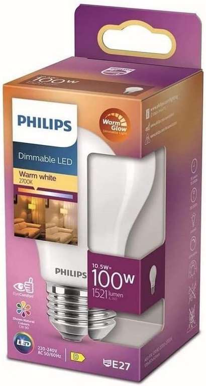 Philips E27 Standard LED Light Bulb – 100 W Warm White Frosted Glass Dimmable – Glass [Energy Class D]