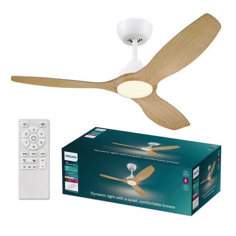 Philips Olas Ceiling Fan, 3 Blades, 24W LED Light, DC Motor, Color Temperature Range (3000K-4300K-6500K) Dimmable Remote Included, 52" White