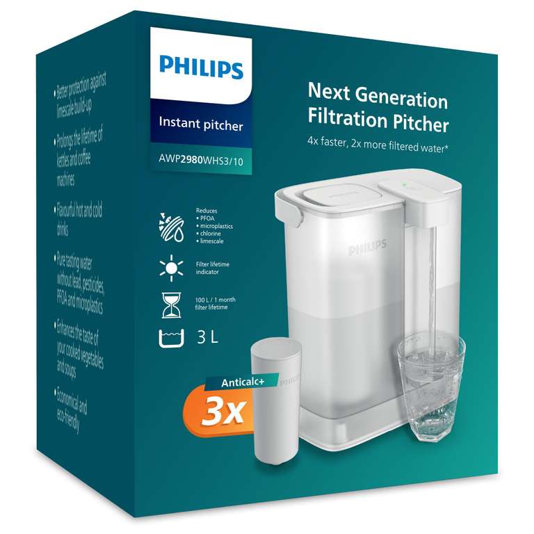 Philips Water Instant Filter Pitcher (3L) – 3x Anticalc + Filter