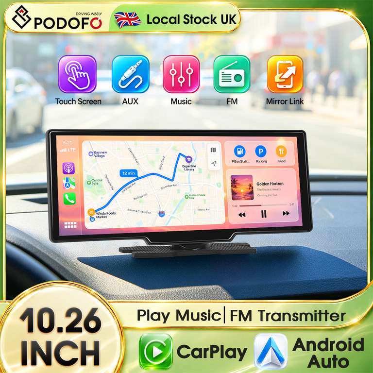 Podofo 10.26 Inch Portable Smart Car Multimedia Player Wireless CarPlay Android Auto with code - Podofo UK AutoPro Supplies Store