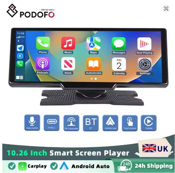 Podofo 10.26" Wireless Carplay Android Auto Portable Digital Dashboard, Smart Player With Voice Control, New customer - w/Code - Podofo UK