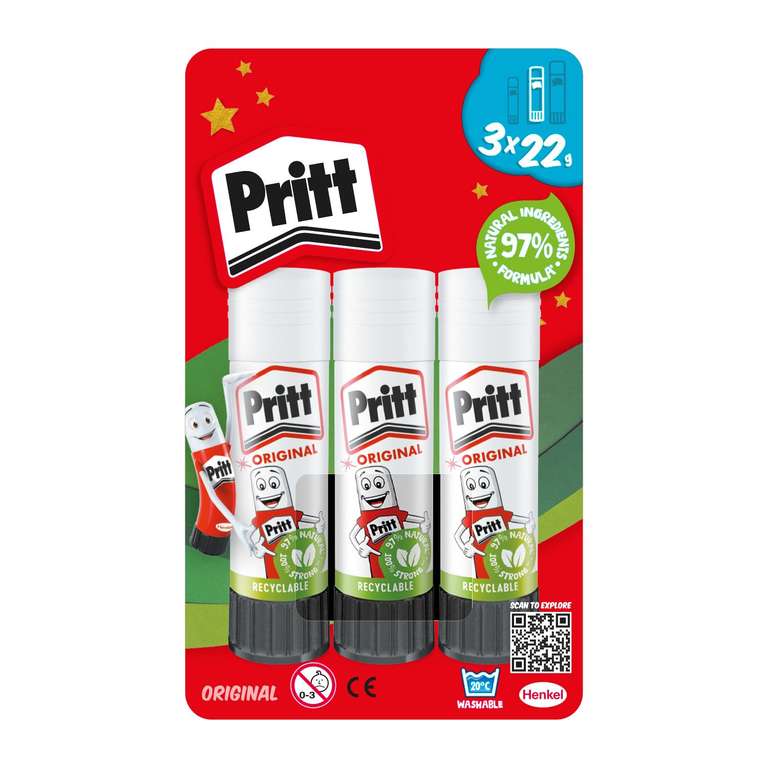 Pritt Glue Stick, Safe and Child-Friendly Craft Glue for Arts and Crafts Activities, 22 g (Pack of 3)