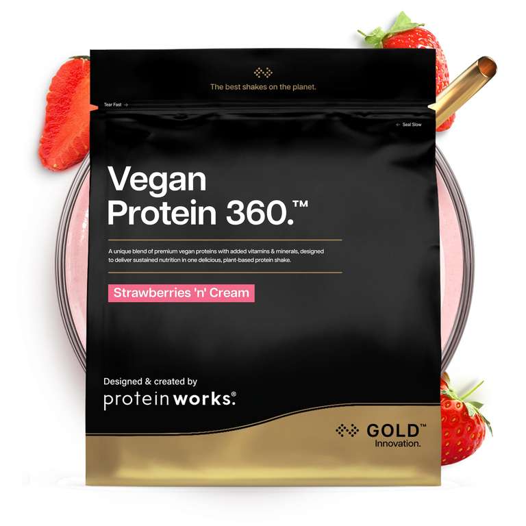 Protein Works | Vegan Protein 360 - Gold, Strawberries 'n' Cream, 1kg | 100% Plant Based, Premium Tri-Protein Blend, Low Fat