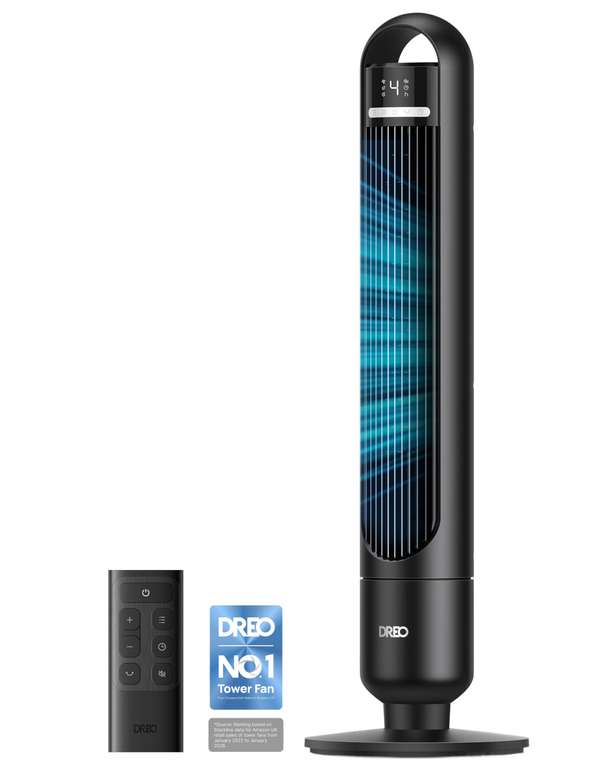 DREO Quiet Tower Fan, 25ft/s Powerful Airflow, 29ft Coverage, 1-8H Timer, 4 Speeds, 3 Modes, 28dB Bladeless Fan with Remote Control, Black