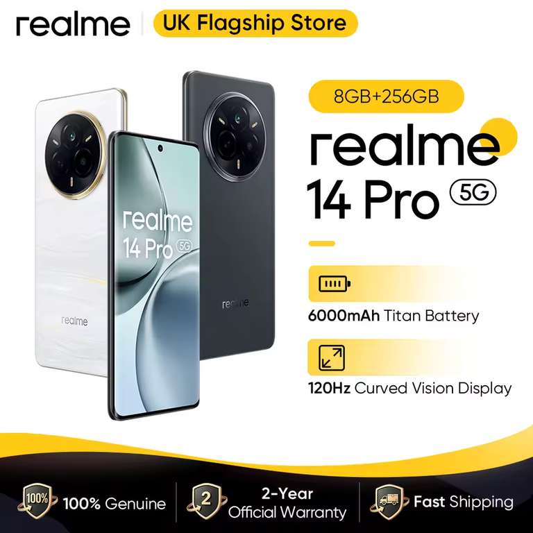 Realme 14 PRO 5G 6.77" Smartphone ( EU / 8GB + 256GB / 6000mAh SiC / 4500 nits / Dimensity 7300 Energy / 120Hz )@Realme UK Flagship Store