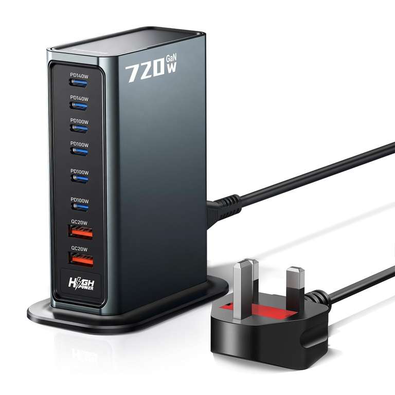Rocoren 720W USB C Charger 8 Ports Max PD 140W, Multi USB Charger with 1.5m UK Extension Cord Rocoren Official Shop FBA (Prime Exclusive)