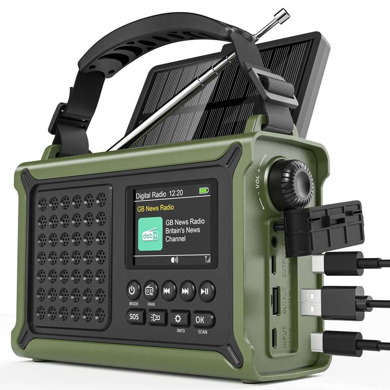 Roxicosly DAB+/DAB/FM Solar Wind Up RADIO, 12000mAh Rechargeable Battery, Bluetooth5.0, Green / Black / Yellow - Sold By SYNVERRA GLOBAL/FBA