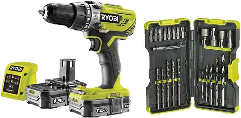 Ryobi R18PD3-215GZ 18 V ONE+ Cordless Combi Drill Starter Kit (2 x 1.5 Ah) & RAK30MIX Mixed Drilling and Driving Bit Set, 30 Piece