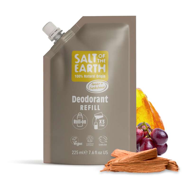 Salt of the Earth - Natural Deodorant Roll On Refill Pouch, x3 Uses - Amber & Sandalwood- 225ml