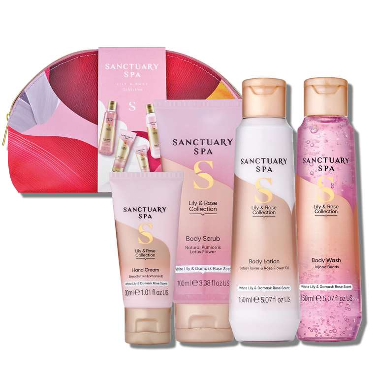 Sanctuary Spa Lily & Rose Collection Gift Set, 4 Pack Set Inc Body Wash 150ml / Scrub 100ml / Lotion 150ml & Hand Cream 30ml