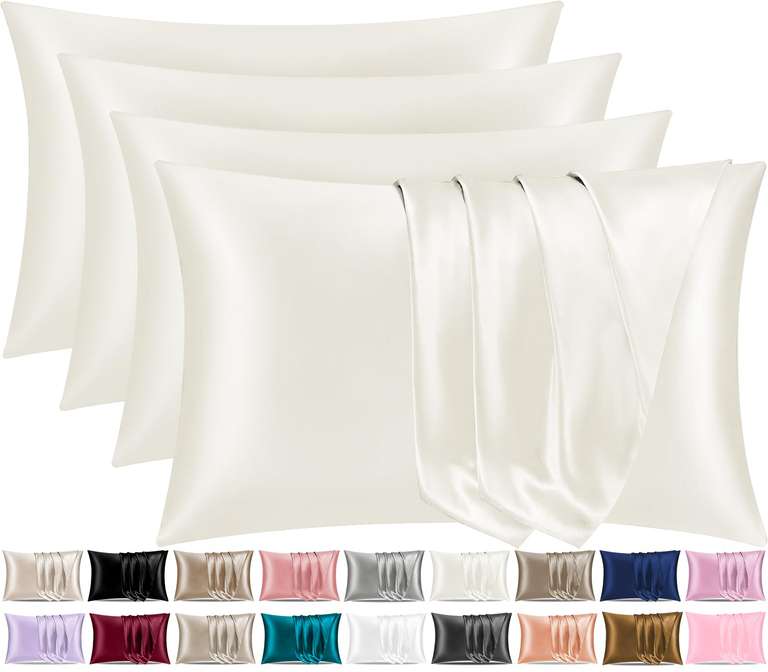 Pamposh Satin Silk Pillowcases 4 Pack Standard Size with Envelope Closure (50 x 75 cm), Ivory White @ Montone / FBA