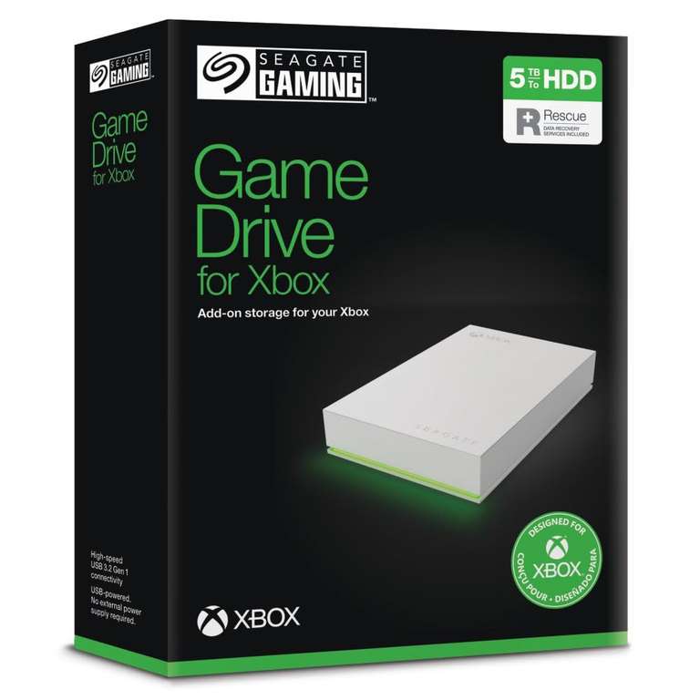 Seagate Game Drive for Xbox 5TB, External Hard Drive Portable, USB 3.2 Gen 1, White with built-in green LED bar, Xbox Certified
